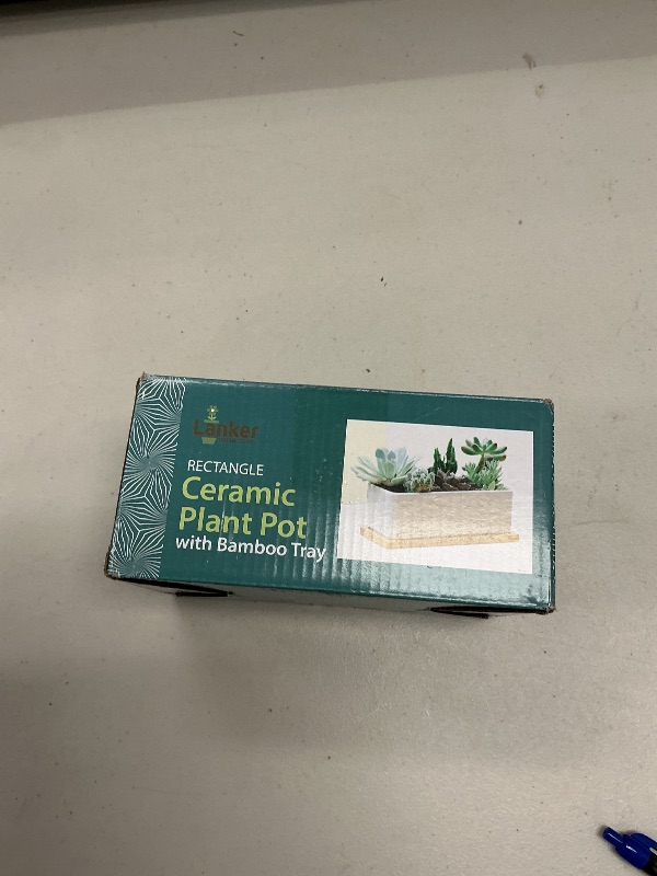 Photo 1 of LANKER 6.5 Inch Rectangle White Ceramic Succulent Planter Pot Decorative Cactus Plant Pot Flower Container with Bamboo Tray (Rectangle 6.5 Inch)