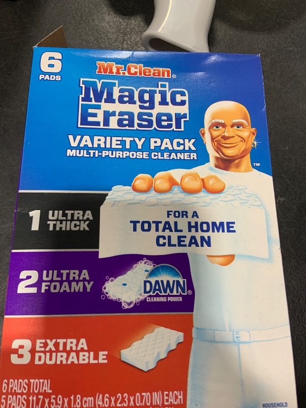 Photo 1 of Mr. Clean Magic Eraser Sponge, All Purpose Cleaner, Cleaning Scrubber, Kitchen, Bathroom, Shower, Oven, Cleaning Supplies, Variety Pack with 1 Ultra Thick, 2 Ultra Foamy, & 3 Extra Durable, 6ct