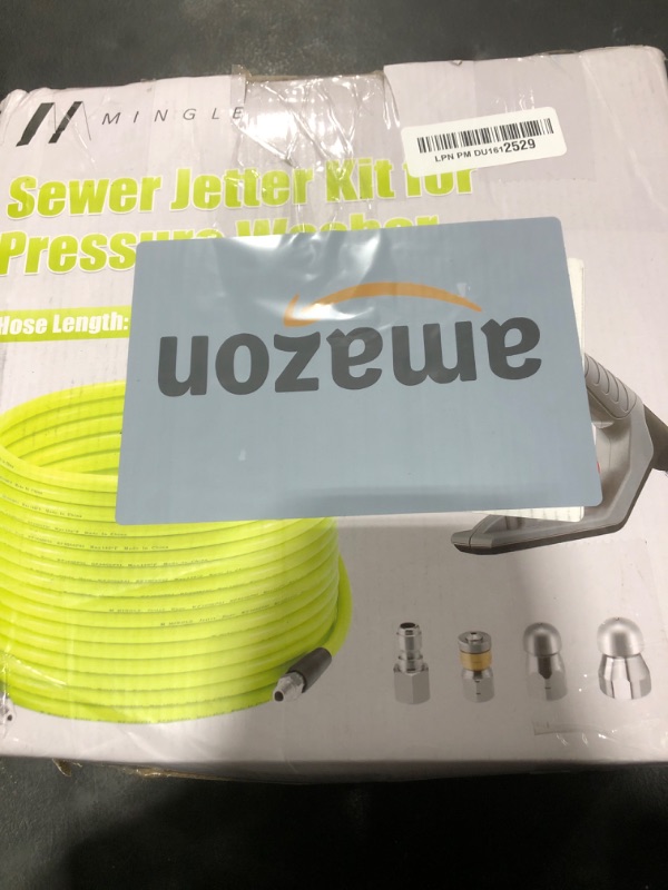 Photo 1 of M MINGLE Sewer Jetter Kit for Pressure Washer 100 FT, Drain Cleaner Hose with Power Washer Gun, 1/4 Inch NPT Corner Rotating and Button Nose Sewer Jetting Nozzle, Orifice 4.0, 4.5