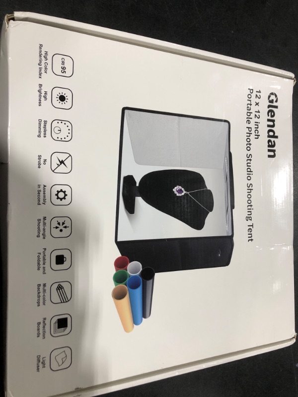Photo 1 of Glendan Portable Photo Studio Light Box,12"x12" Professional Dimmable Shooting Tent Kit with 112 LED Lights & 6 Backdrops for Jewelry and Small Items Product Photography