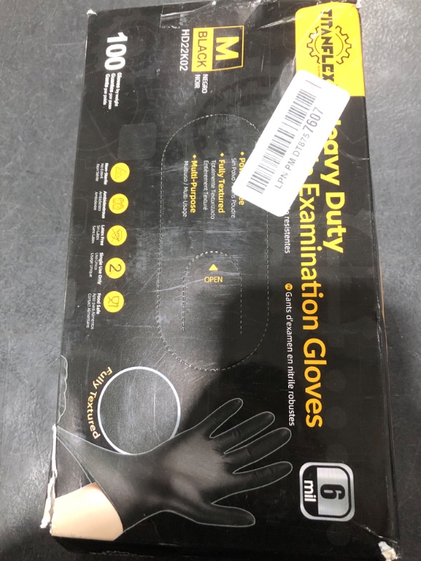 Photo 1 of TitanFlex Heavy-Duty Black Disposable Nitrile Gloves, Box of 100, 6-mil, Fully Textured, Powder-Free, Latex-Free, Non-Sterile
