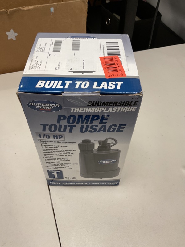 Photo 1 of Superior Pump 91025 1/5 HP Thermoplastic Submersible Utility Pump with 10-Foot Cord, Black