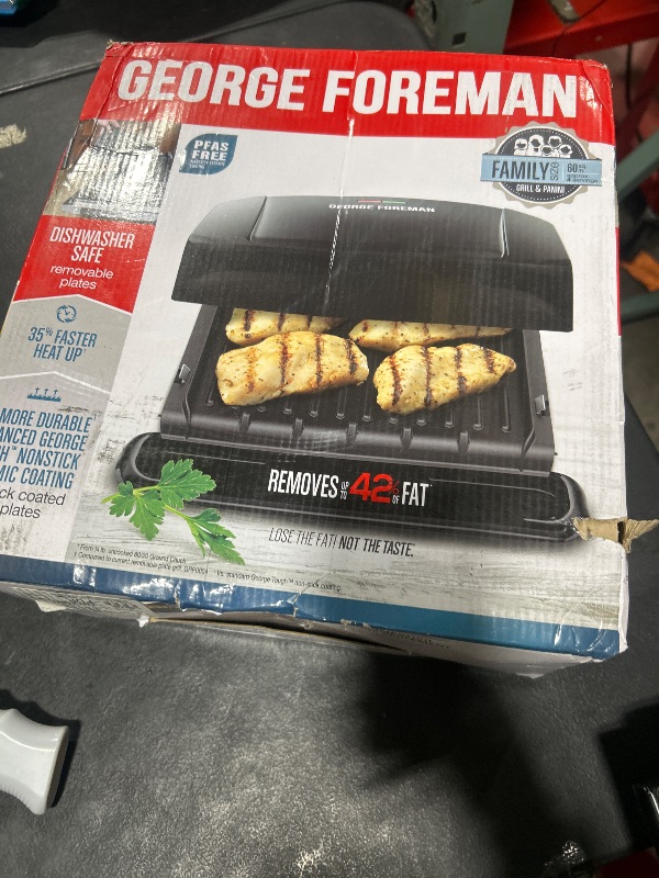 Photo 1 of George Foreman 4-Serving Removable Plate Electric Grill and Panini Press, George Tough Non-Stick Coating, Drip Tray Catches Grease, Black