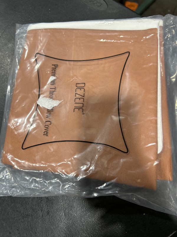 Photo 1 of DEZENE Leather Throw Pillow Covers, Set of 2 Modern Leather/Cotton Decorative Pillowcases for Home Decor Bedroom Living Room Couch Bed Sofa, 18x18 Inch, Cognac-Brown and White