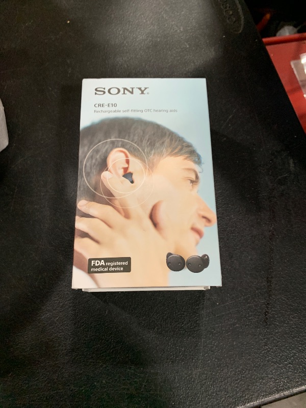 Photo 1 of Sony CRE-E10 Self-Fitting OTC Hearing Aids for Mild to Moderate Hearing Loss, Prescription-Grade Sound Quality, Comfortable Earbud Design, Bluetooth Enabled for iOS, and Rechargeable Battery, Black