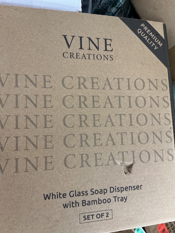 Photo 1 of Vine Creations White Glass Soap Dispenser Set - Kitchen Soap Dispenser Set with Tray - Bamboo Dish Soap and Hand Soap Dispensers Set for Bathroom - White Kitchen Decor with Waterproof Labels