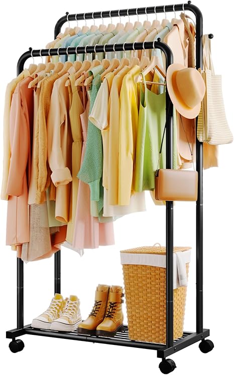 Photo 1 of Sakugi Clothes Rack - Double Rods Clothing Rack with Mesh Shelf, Hooks & Wheels, Metal Clothing Racks for Hanging Clothes & Bags, Multifunctional Garment Rack for Laundry, Black, 28.7" x 16.5" x 59.1"