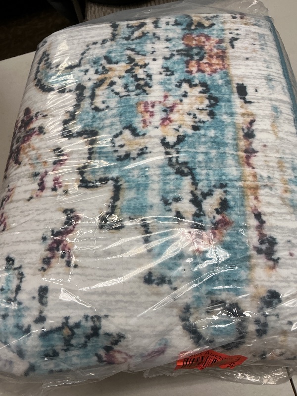 Photo 2 of VK VK·LIVING Machine Washable Rug 5'x7' Vintage Design Washable Area Rugs with Non Slip Rugs for Living Room Bedroom Traditional Woven Rug Carpet Stain Resistant Dining Home Office Boho Rug,Cyan&White