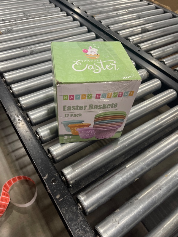 Photo 1 of 12 Pack Easter Baskets for Kids, 8.6" Plastic Easter Bags with Handles, Easter Bucket Bags Filled with Grass for Easter Egg Hunt, Perfect Theme Party Favors