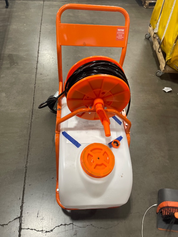 Photo 1 of VEVOR Battery Powered 15 Gallon Garden Weed Sprayer with Wheeled Cart, 126FT Hose with Reel, 8 Nozzles, 2 Wands with Lock Trigger, 0-90PSI, 5-6h Spray Time, Wide Mouth Lid, Rotating Wheels with Brake