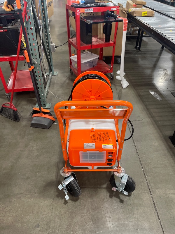 Photo 1 of VEVOR Battery Powered 15 Gallon Garden Weed Sprayer with Wheeled Cart, 126FT Hose with Reel, 8 Nozzles, 2 Wands with Lock Trigger, 0-90PSI, 5-6h Spray Time, Wide Mouth Lid, Rotating Wheels with Brake