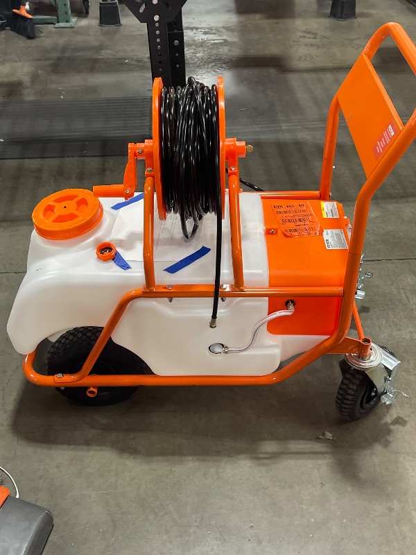 Photo 1 of VEVOR Battery Powered 15 Gallon Garden Weed Sprayer with Wheeled Cart, 126FT Hose with Reel, 8 Nozzles, 2 Wands with Lock Trigger, 0-90PSI, 5-6h Spray Time, Wide Mouth Lid, Rotating Wheels with Brake
