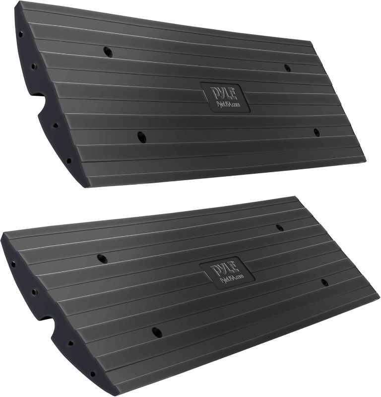 Photo 1 of Pyle Car Vehicle Curbside Driveway Ramp - 4ft Heavy Duty Rubber Threshold Bridge Tracks Curb Ramps, 2 Pieces Set (for Car, Truck, Scooter, Bike, Motorcycle, Wheelchair Mobility), Black
