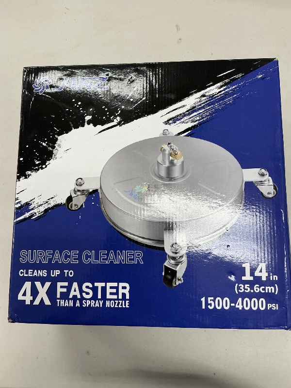 Photo 1 of janz 14" Pressure Washer Surface Cleaner with 4 Wheels, Stainless Steel Housing, 1/4" Quick Plug, 2 Extension Wands, 2 Replacement Nozzles and 3 Spray Nozzles, 4000 PSI