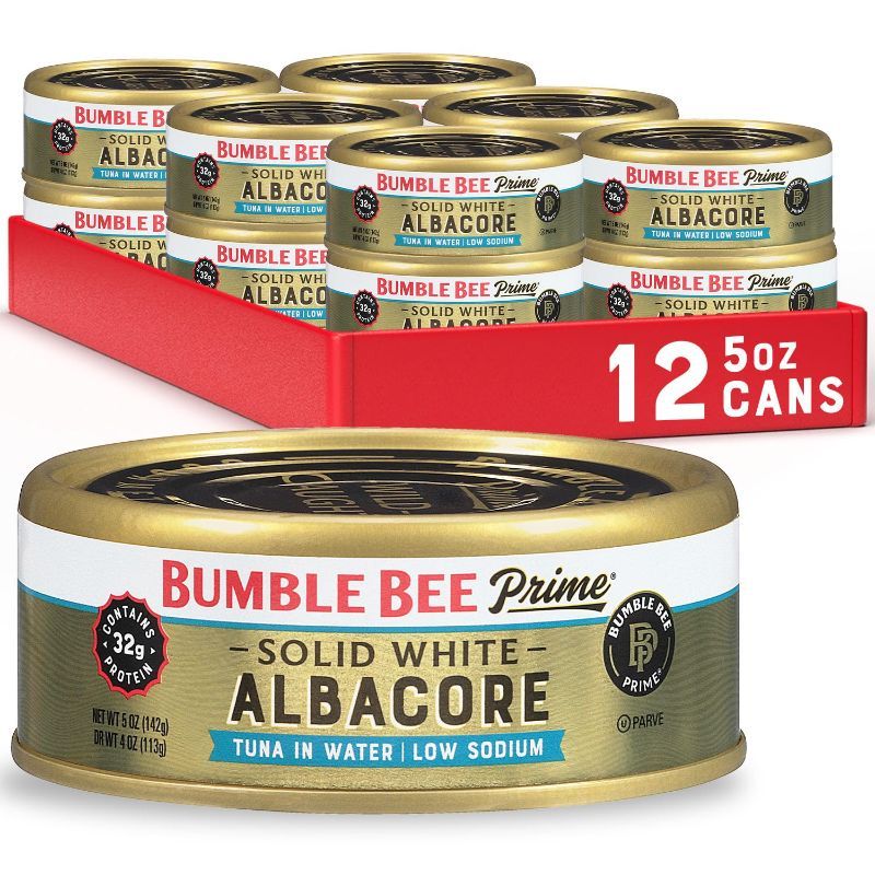 Photo 1 of Bumble Bee Prime Low Sodium Solid White Albacore Tuna in Water, 5 oz Cans (Pack of 12) - Premium Wild Caught Tuna - 32g Protein per Serving - Non-GMO Project Verified, Gluten Free, Kosher
