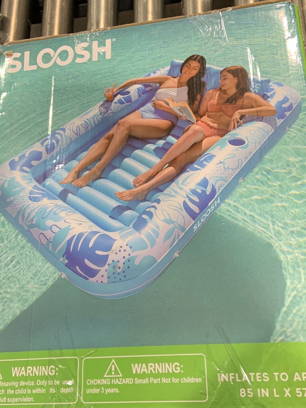 Photo 1 of SLOOSH Inflatable Tanning Pool Lounger Float, 85" x 57" Extra Large Pool Floats Adult with Pillow, 4 in 1 Suntan Tub Raft Floatie,Sunbathing Bed Lounge for Water Blow Up Ball Pit Party Gifts, XL-Blue
