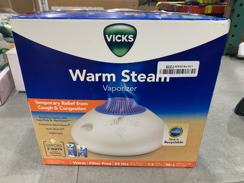 Photo 1 of Vicks Warm Steam Vaporizer, Small to Medium Rooms, 1.5 Gallon Tank – Warm Mist Humidifier for Baby and Kids Rooms with Night Light, Works with Vicks VapoPads and VapoSteam