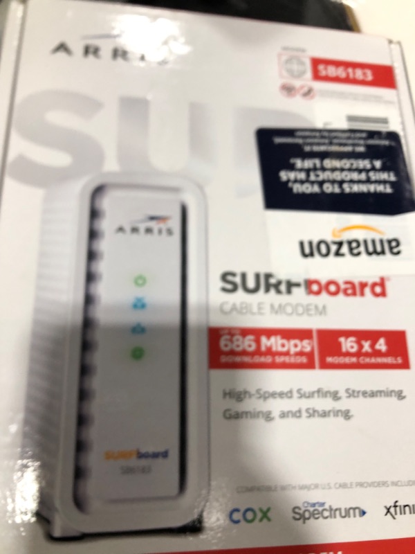 Photo 1 of ARRIS (SB6183) -Cable Modem - Fast DOCSIS 3.0 16x4 Gigabit Cable Modem, For Comcast Xfinity, Cox, Spectrum and more, 1 Gbps Port, 400 Mbps Max Internet Speed, 2 Year Warranty