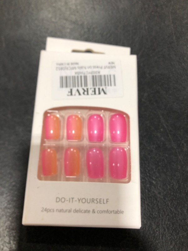 Photo 1 of MERVF Square Press on Nails Medium Fake Nails Orange Chrome Squoval Glue on Nails with Ombre Design Acrylic Nails Press ons Artificial Pink False Nails 24pcs Glossy
