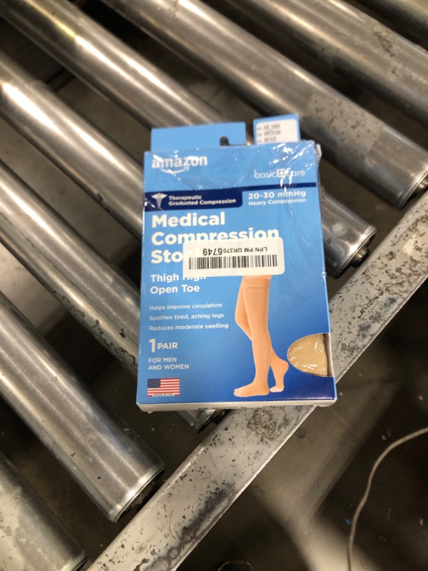 Photo 1 of Amazon Basic Care Medical Compression Stockings, 20-30 mmHg Support, Women & Men Thigh Length Hose, Open Toe, Beige, Medium (Previously NuVein)