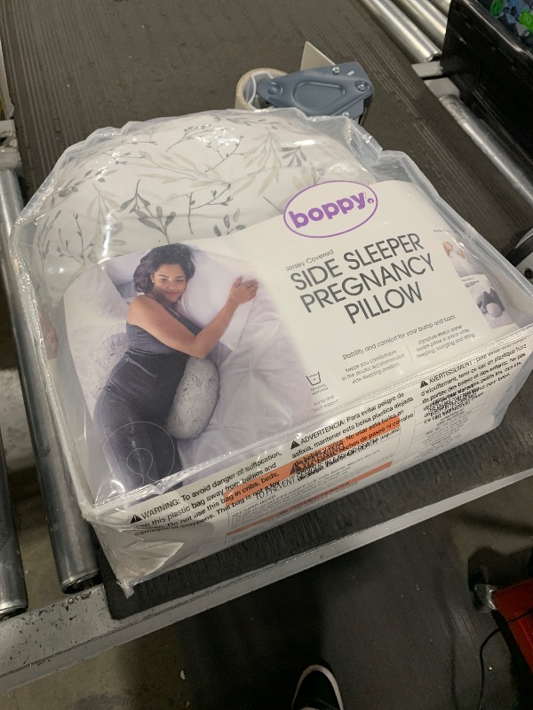 Photo 1 of Boppy Side Sleeper Pregnancy Pillow with Removable Jersey Pillow Cover, Gray Falling Leaves, Compact Stay-Put Design with Signature Stretch Panel, Prenatal and Postnatal Positioning