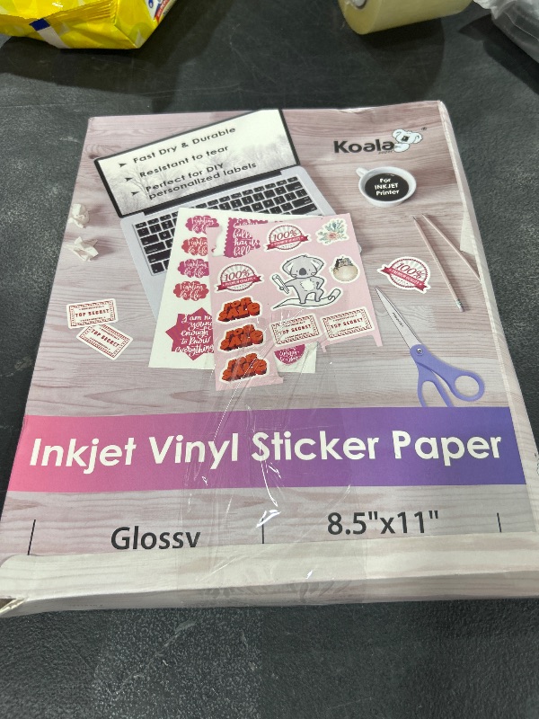 Photo 1 of Koala Printable Vinyl Sticker Paper for Inkjet Printers - 100 Sheets Glossy White Water-Resistant Adhesive Label Paper - 8.5x11 Inch, Tear-Resistant, Removable