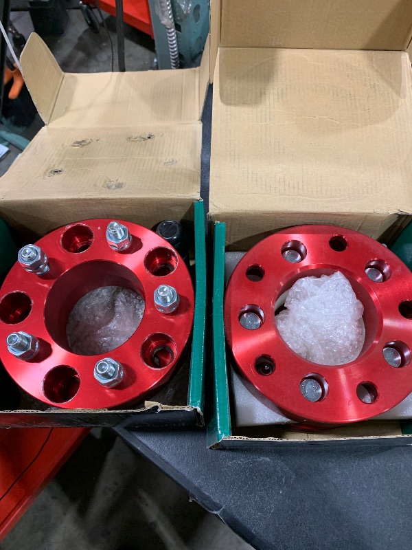 Photo 1 of YHTAUTO 5x5.5 to 5x5 Wheel Adapters 1.5 inch Compatible with Ford, Dodge Models, F-150, Bronco, E-150, D150, Ram 1500 Tire Spacers w/ 1/2"-20 Studs, 87.1mm Hub Bore 5 Lug 4PCS Red Wheel Spacers