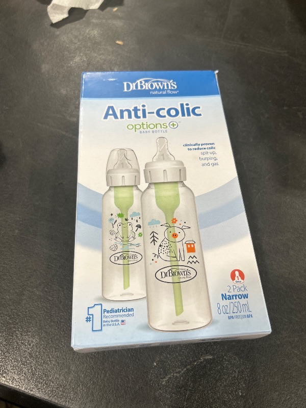 Photo 1 of Dr. Brown's Natural Flow Anti-Colic Options+ Narrow Baby Bottle, Pig & Frog, 8 oz/250 mL, with Level 1 Slow Flow Nipple, BPA Free, 0m+, 2-Pack