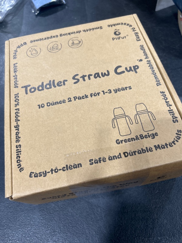 Photo 1 of Piifur Sippy Cups for Toddlers 1-3 No Spill Straw with Handle Water Bottle 2 Pack 10 Ounce Green&Beige