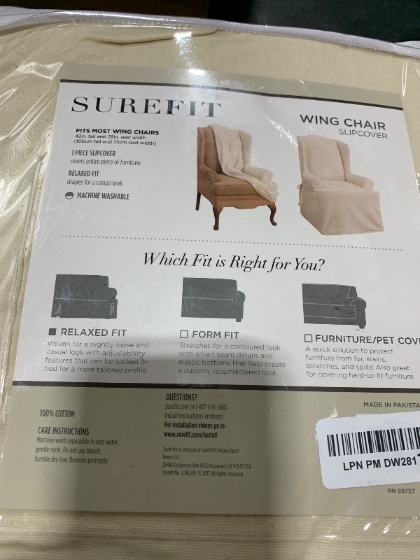 Photo 1 of SureFit Home Décor Cotton Duck Solid T-Cushion Wing Chair One Piece Slipcover, Relaxed Woven Fit, 100% Cotton, Machine Washable, Natural Color