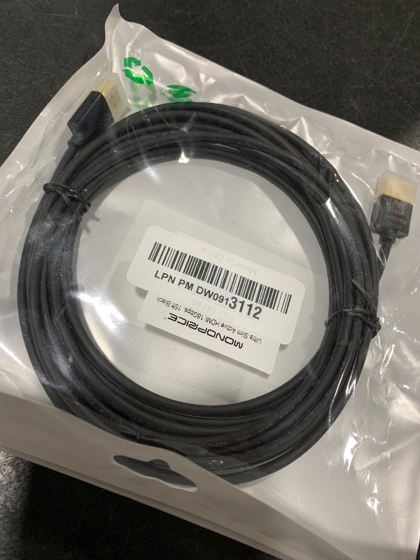 Photo 1 of Monoprice 114196 HDMI High Speed Active Cable - 15 Feet - Black, 4K@60Hz, 18Gbps, HDR, 36AWG, YUV 4:4:4 - Ultra Slim Active Series
