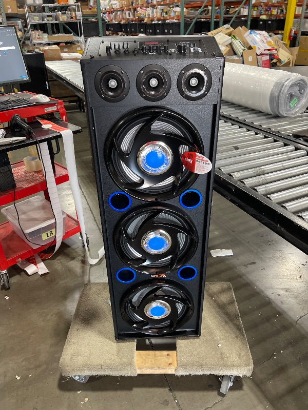 Photo 1 of QFX SBX-412300BT TWS Bluetooth Triple 12” Woofer Triple 1” Tweeter Recording High-Performance PA Cabinet Speaker with 10-Band Graphic EQ, 2 Microphone Inputs, Guitar Input, and AUX Input, Blue   parts onl;y