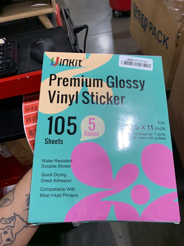 Photo 1 of Uinkit 105 Sheets Premium Printable Vinyl Sticker Paper for Inkjet Printer Cricut,included 100Sheets Glossy and 5Sheets Transparent Label Waterproof Adhesive Dries Quickly Tear-Resistant, Removable