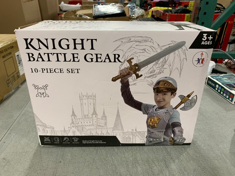 Photo 1 of Medieval Knight in Shining Armor, Kids Crusader Pretend Role Play Plastic Costume Dress Up Cosplay with Toy Swords, Axe, Shield, Weapons & Accessories Playset