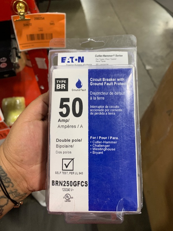 Photo 1 of Eaton BRN250GF BR GFCI Circuit Breaker, Ground Fault, Pigtail Neutral, 50 A, 10 KAIC, Two-Pole, 120/240 V, Black