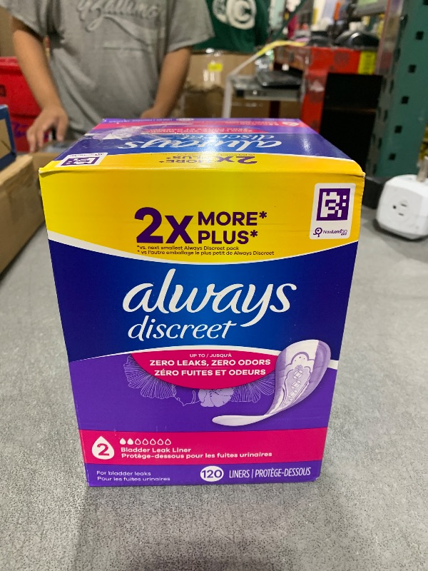 Photo 1 of Always Discreet Adult Incontinence & Postpartum Liners for Women, Size 2, Very Light Absorbency, Regular Length, 120 Count (Packaging May Vary)