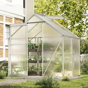 Photo 1 of YITAHOME 6x4FT Polycarbonate Greenhouse Heavy Duty Green Houses Outdoor Aluminum Greenhouses with Sliding Doors Vent Window Premium Walk-in Greenhouse Large Sun House for Garden Backyard, Matte Sliver   may be missing other boxes i set