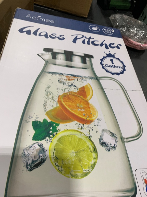 Photo 1 of 1 Gallon 128oz Glass Pitcher, Water Pitcher with Lid and Spout, Glass Carafe for Hot/Cold Drink, Water Jug for Iced Tea, Coffee, Juice, Milk, Beverage (Extra-Wide Mouth)