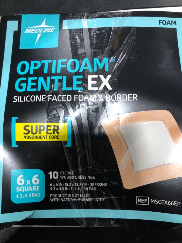 Photo 1 of Medline Optifoam Gentle EX Bordered Foam Adhesive Dressing, 6" x 6" Square (10 Count)