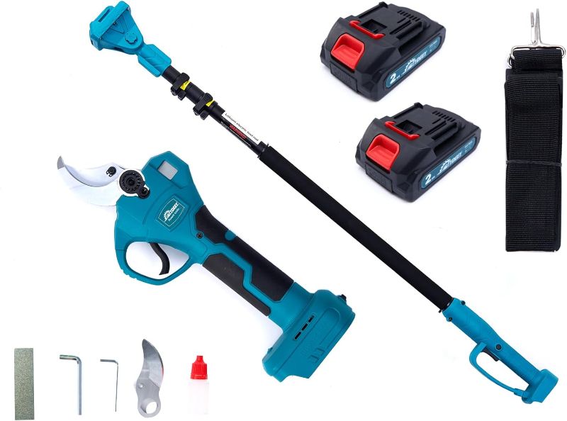 Photo 1 of Cordless Electric Pole Pruning Shears 1.6" Pruner 15.2 ft Max Reach, Brushless Motor, Battery Power Long Handle Tree Trimmer, Extendable Garden Scissors Lightweight ((1.6 in) With 2 Batteries)