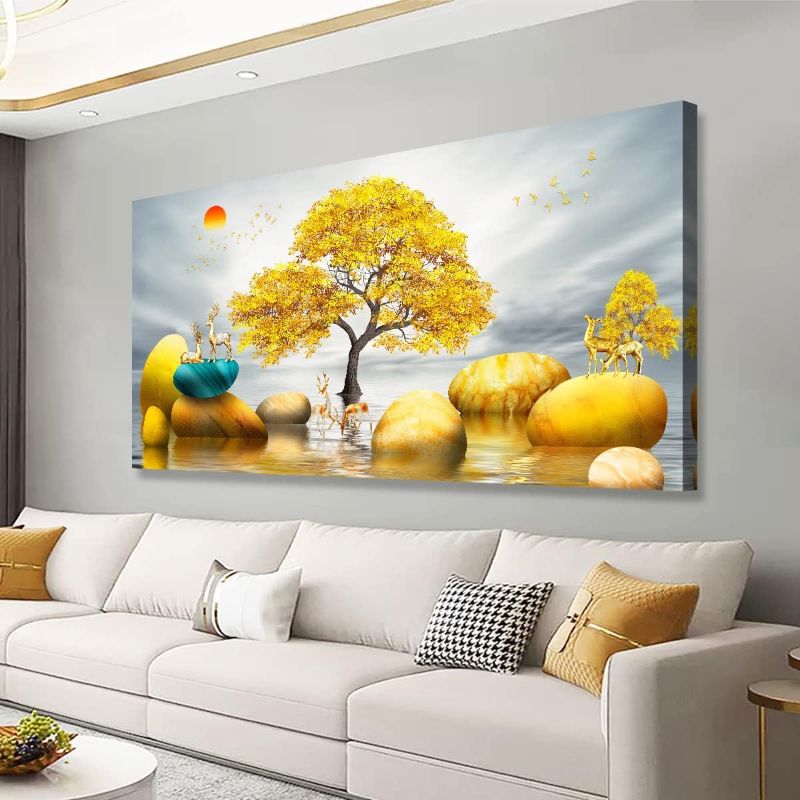 Photo 1 of SiGuTie Abstract Yellow Tree and Stones in Lake Picture for Living Room and Bedroom,Black and White Wall Art Canvas Print,Office Wall Decor and Home Decoration with Deer Natural Print