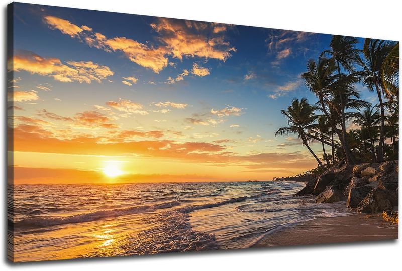 Photo 1 of Sunset Beach Canvas Wall Art - Tropical Island Beach Pictures Natural Beauty Scene Wall Decor Coastal Ocean Waves Painting Coconut Trees Canvas Print Artwork Home Office Decoration 24" x 48"