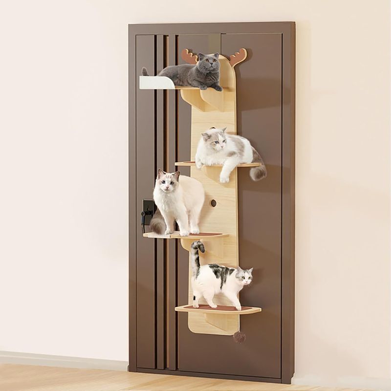 Photo 1 of 4-Tier Door Hanging Cat Tree, Wooden Door Mounted Vertical Cat Climbing Frame, 4.92ft Four-cat Bearing Cat Climbing Rack for Stair, Foyer, Living Room, Enclosed Balcony (No Cat Nest)