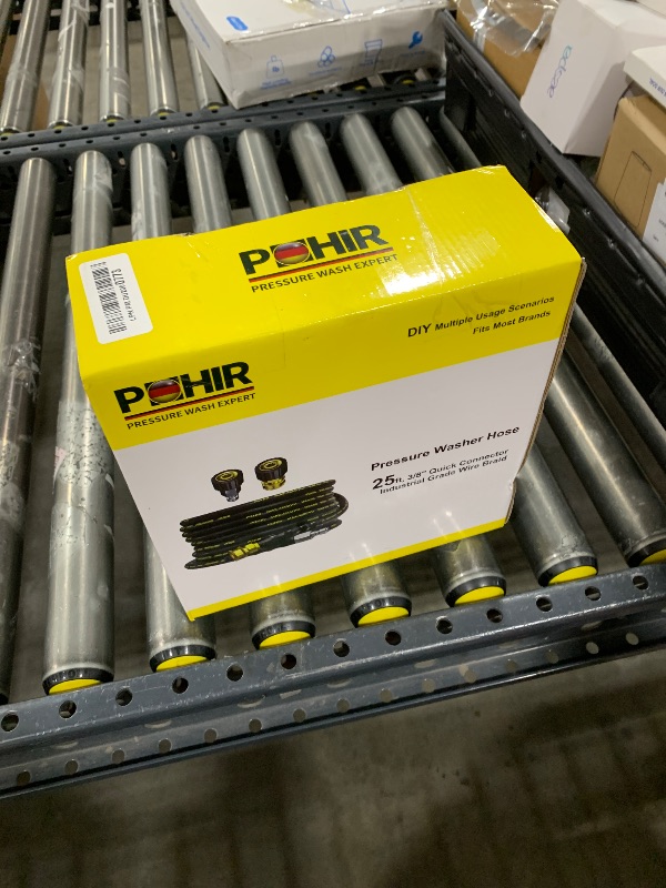Photo 1 of POHIR Power Washer Hose 25FT x 1/4 Inch with 3/8" Quick Connector, High Tensile Wire Braided Heavy Duty Kink Resistant High Pressure Hose 4200PSI, 2 Pcs M22 to 3/8 Adapters Set Accessories