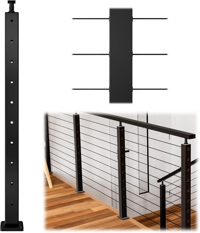 Photo 1 of Muzata Black Cable Railing Post 36 Inch 36"x2"x2" Level Drilled Surface Mount T304 Stainless Steel Cable Railing System Kit Indoor Outdoor with Paper User Guide PS01 BH4S
