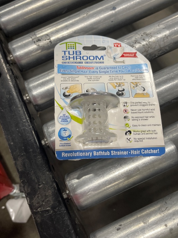 Photo 1 of TubShroom Tub Drain Hair Catcher, Chrome – for Bathroom Drains, Fits 1.5” – 1.75” Bathtub and Shower Drains, White