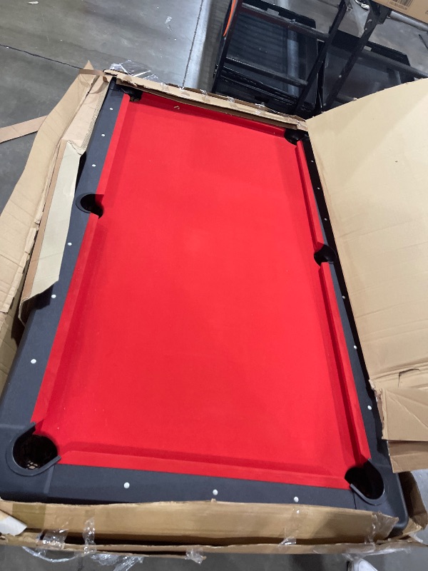 Photo 1 of GoSports Mid-Size 7 ft x 3.9 ft Billiards Game Table - Foldable Design, Includes Full Set of Pool Balls, 2 Cue Sticks, Chalk, and Felt Brush - Red