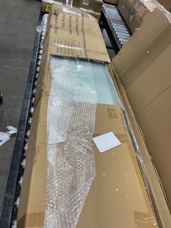 Photo 1 of ALAMEDADT 42'' x 96'' Glass Barn Door and 7 Ft Brushed Nickel Hardware Kit Included, MDF White Barn Door Slab with Frosted Glass, PVC Surface, Combined with Handle and Floor Guide-Assembly Required