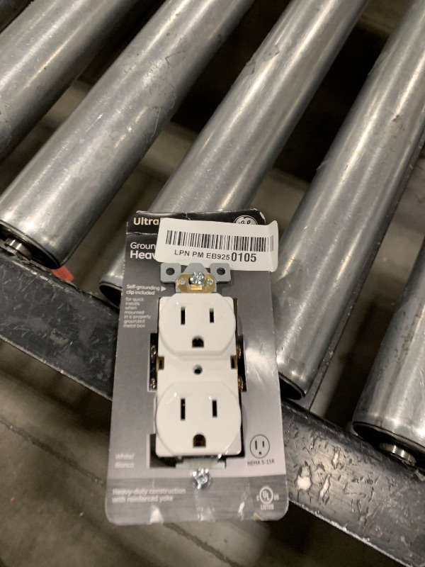 Photo 1 of GE UltraPro Duplex Heavy-Duty Receptacle, White, Wall Outlet, Reinforced Yoke, Self-grounding Clip, 3 Prong, Supports 15A, UL Listed, 42157