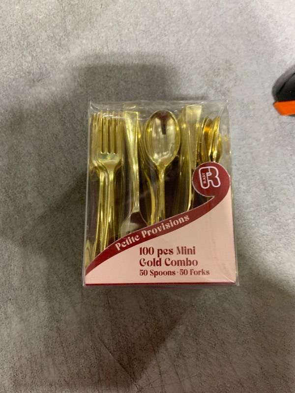 Photo 1 of 100 Combo Pack 50 Gold Mini Forks And 50 Gold Mini Spoons 4 Inch Dessert Forks And Spoons - Heavy duty Mini Cutlery, Tastings, Cocktails, Dessert Cups.